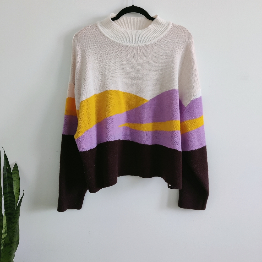 H&M Colorblock Knit Sweater XXL Cream Purple Mustard